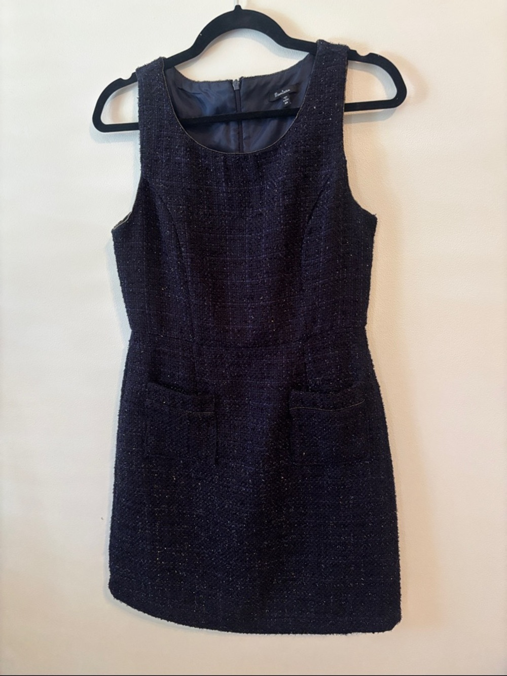 Sleeveless Sparkly Tweed Shift Dress in Dark Navy
